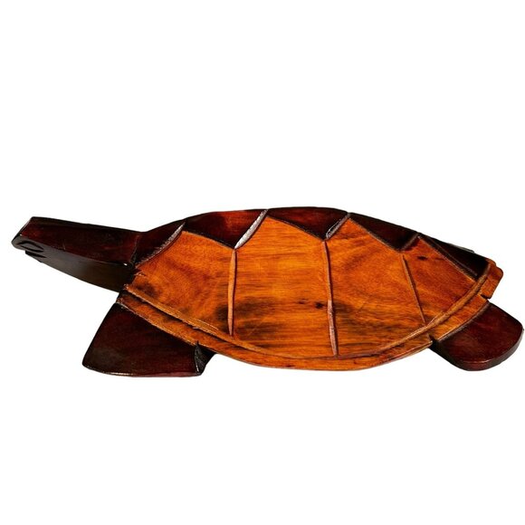 Vintage Sea Turtle Figurine Hand-Carved Wooden Two Tone 12" Long - Picture 6 of 12